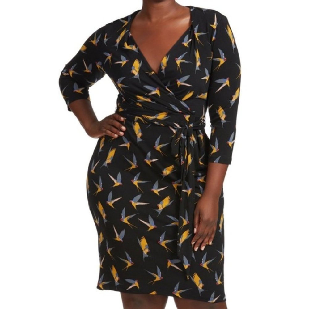 Black Wrap Dress with Yellow & Blue Bird Print
